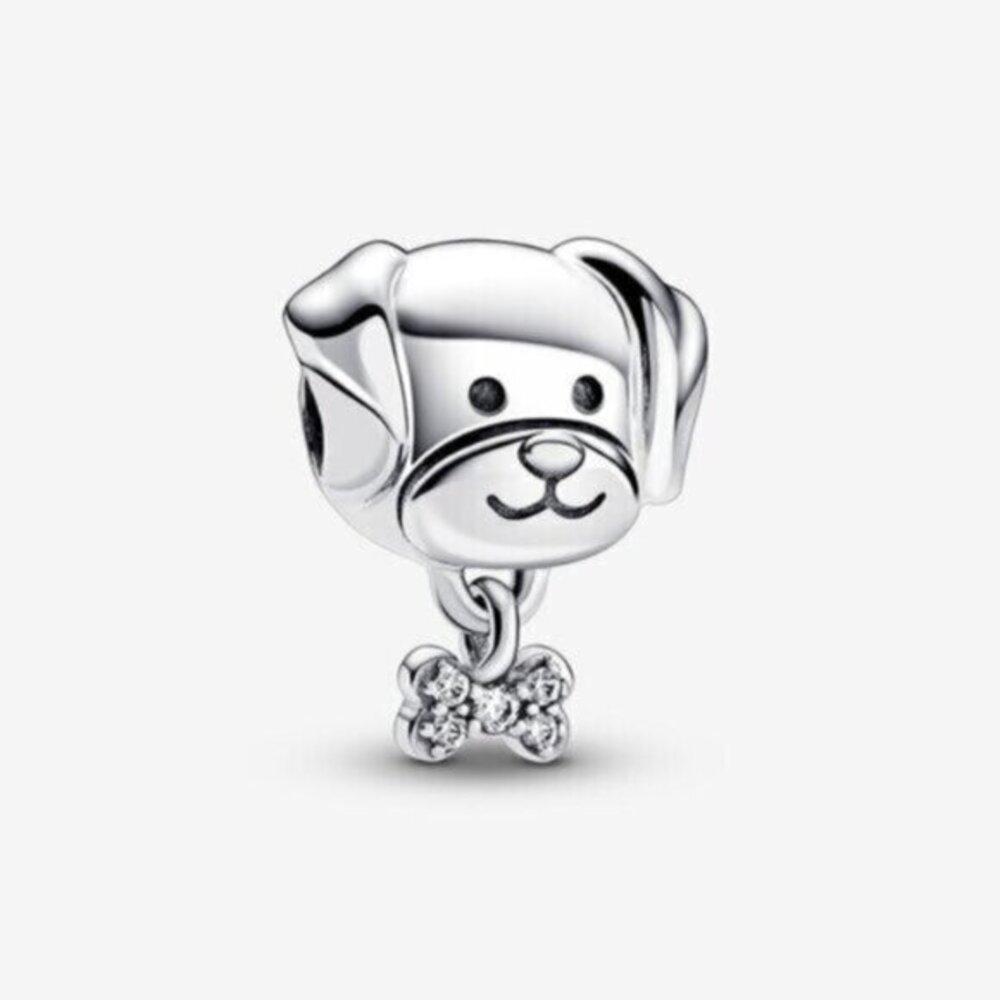 Pandora Silver Dog Head Dangle Charm with Crystal Bone
